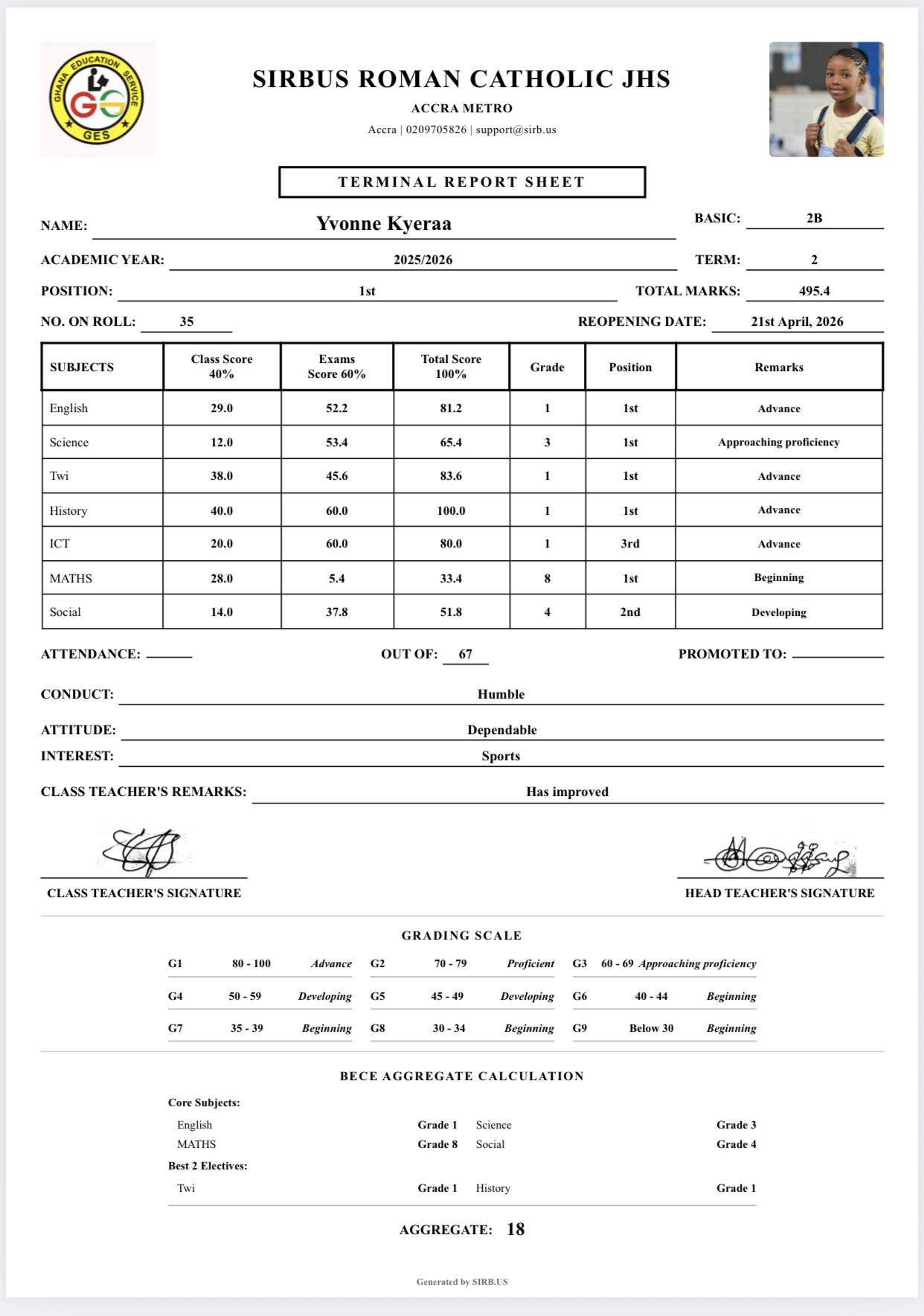 JHS Report Card Sample