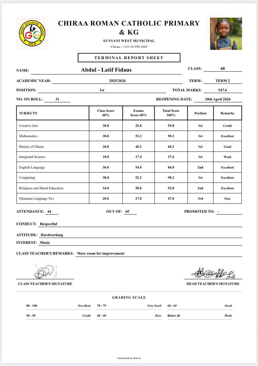 Primary School Report Sample